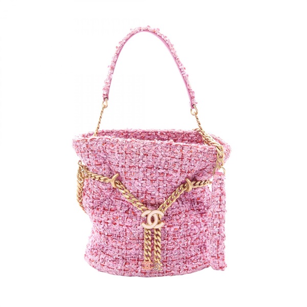 CHANEL Matelasse Drawstring Bucket Chain Shoulder Crossbody Bag Fabric Pink Used