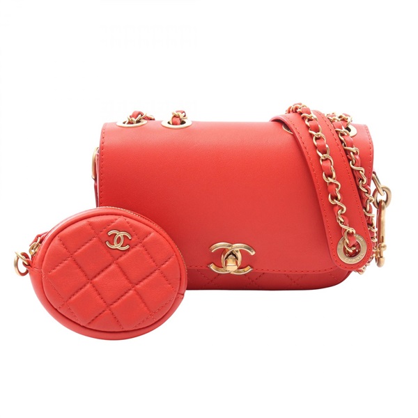 CHANEL Matelasse Chain Shoulder Handbag Lambskin leather Red GHW Used Women