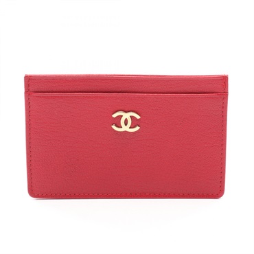 CHANEL COCO Mark Card Case leather Red GHW Used Women CC Logo