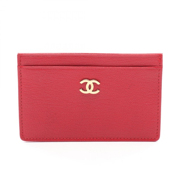 CHANEL COCO Mark Card Case leather Red GHW Used Women CC Logo