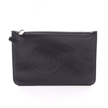 CHANEL COCO Mark Pouch Case Lambskin sheep leather Black SHW Used Women CC