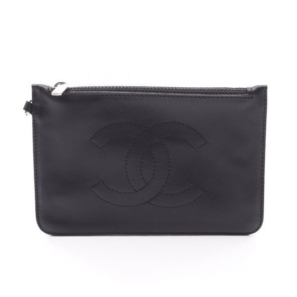 CHANEL COCO Mark Pouch Case Lambskin sheep leather Black SHW Used Women CC