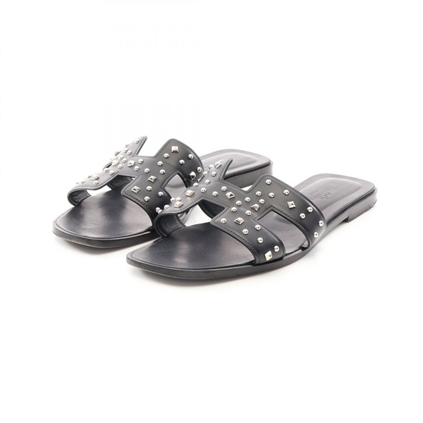 HERMES Oran Studs Mule sandals shoes #39 leather Black Used Women