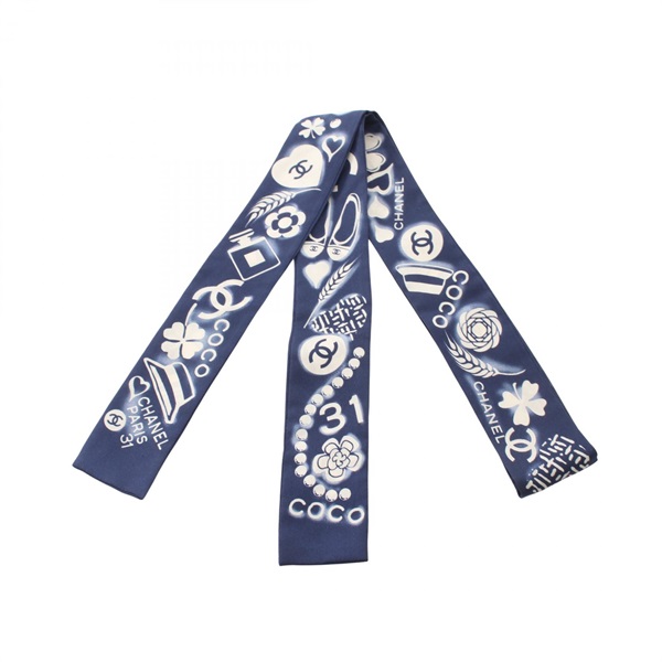 CHANEL Icon Ribbon Scarf Silk Navy White Used Women CC Coco