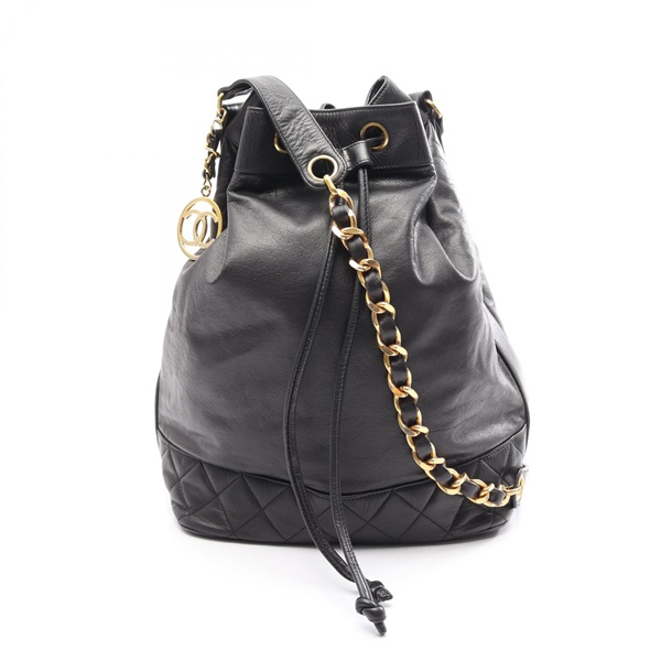 CHANEL Drawstring Chain Shoulder Crossbody Bag Lamb leather Black GHW Used CC