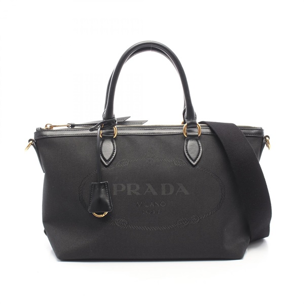 PRADA LOGO JACQUARD Shoulder Crossbody Handbag 1BA104 canvas leather Black Used