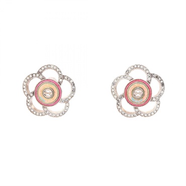 CHANEL Camellia COCO Mark Pierced earrings GP Rhinestone Pink Used Women CC