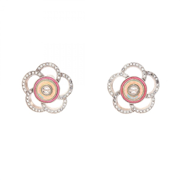 CHANEL Camellia COCO Mark Pierced earrings GP Rhinestone Pink Used Women CC