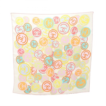 CHANEL COCO Mark All over print Scarf Stole Wrap silk Pink Beige Multicolor Used