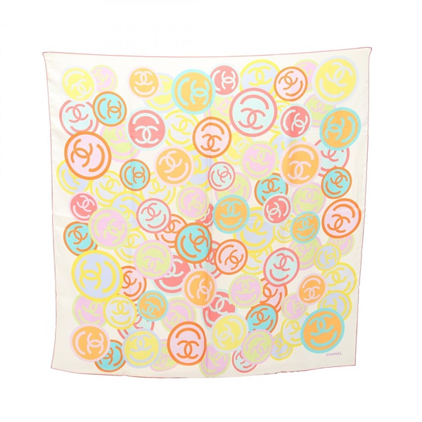 CHANEL COCO Mark All over print Scarf Stole Wrap silk Pink Beige Multicolor Used