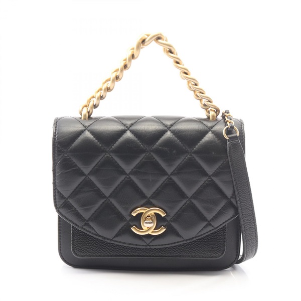 CHANEL Matelasse chain crossbody shoulder Bag Calfskin leather Black Used GHW