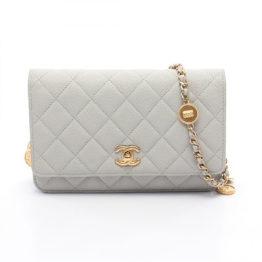 CHANEL Matelasse chain Shoulder crossbody Bag Calfskin leather Gray Used GHW
