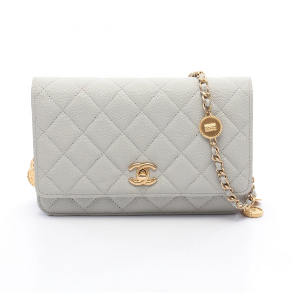 CHANEL Matelasse chain Shoulder crossbody Bag Calfskin leather Gray Used GHW