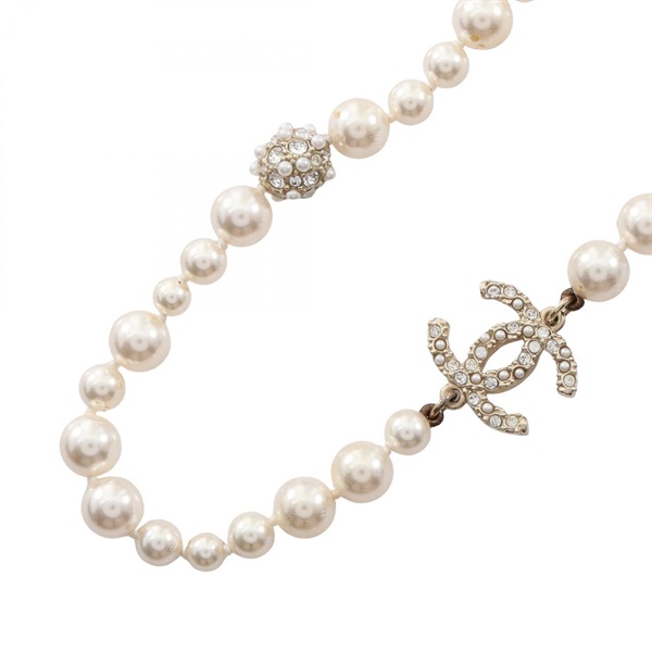 CHANEL COCO Mark Necklace Gold Plated Artificial pearl rhinestone Used women CC