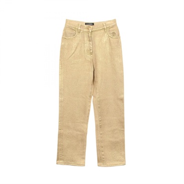 CHANEL Long Pants Trousers #34 cotton Gold Used Women Coco CC