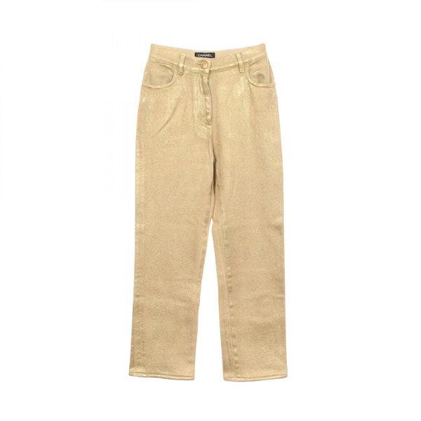 CHANEL Long Pants Trousers #34 cotton Gold Used Women Coco CC