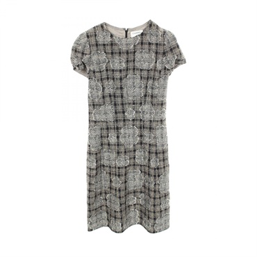 CHANEL Camellia check Tweed Shirt Dress #38 P28928V18109 cotton silk Navy Used