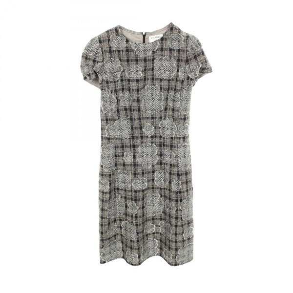 CHANEL Camellia check Tweed Shirt Dress #38 P28928V18109 cotton silk Navy Used