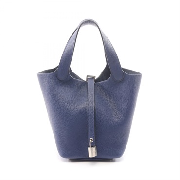 HERMES Picotin Lock PM Tote Handbag D Taurillon Clemence Blue encre Used SHW
