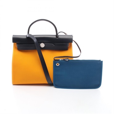 HERMES Herbag Zip PM Shoulder Handbag canvas leather Yellow Navy SHW Used A