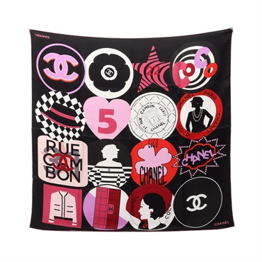 CHANEL COCO Mark icon Scarf Stole Wrap silk Black Purple Multicolor Used Women