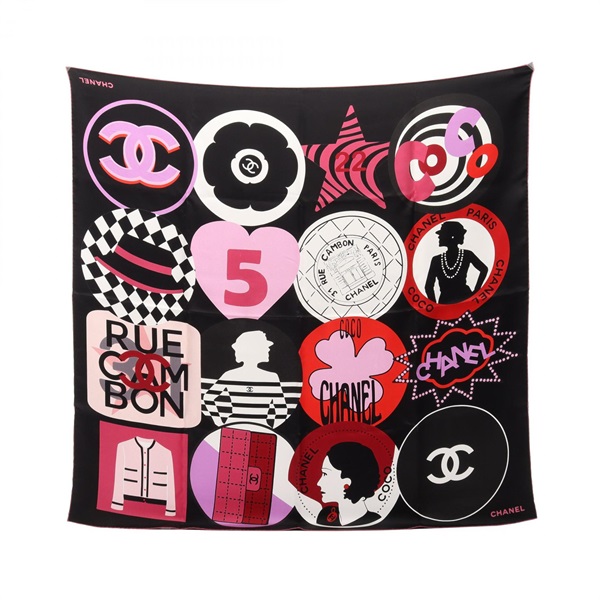 CHANEL COCO Mark icon Scarf Stole Wrap silk Black Purple Multicolor Used Women