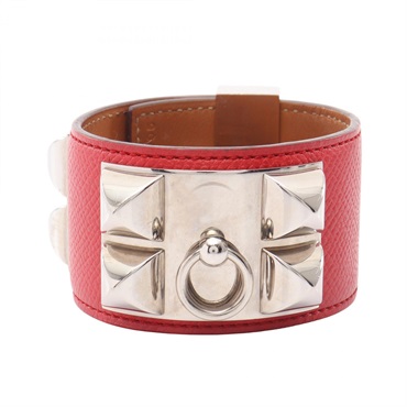 HERMES Collier de Chien Bangle Bracelet Epsom leather Metal Red Used Women #S