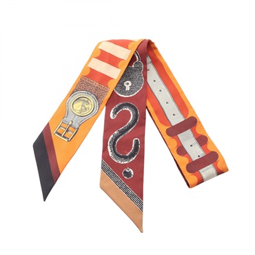 HERMES Twilly Poetic Catalog Ribbon Scarf Wrap silk Orange Red Multicolor Used