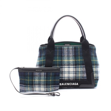 BALENCIAGA NAVY CABAS S Check Tote Handbag 339933 wool leather Green Black Used