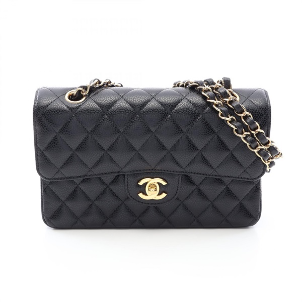 CHANEL Matelasse W flap chain Shoulder Bag leather Black Used Women GHW