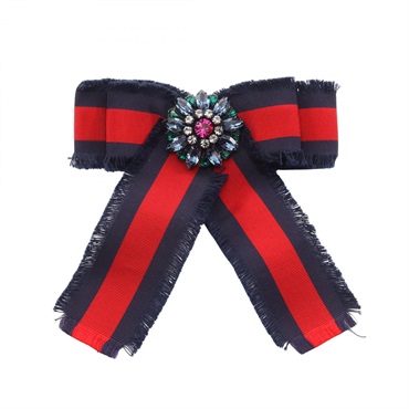 GUCCI Web Grosgrain Ribbon Brooch Pin Fabric Rhinestones Navy Red Used Women