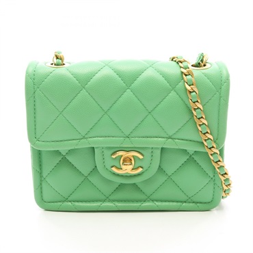CHANEL Matelasse Small chain Shoulder crossbody Bag leather Green Used Women GHW