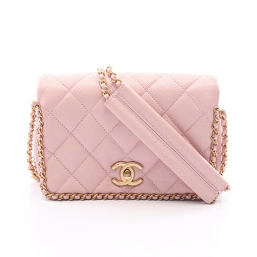 CHANEL Matelasse chain Shoulder crossbody hand Bag leather Pink Used Women GHW