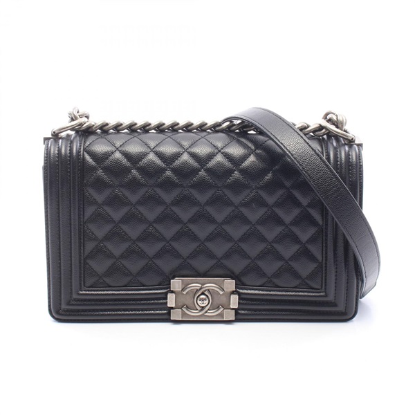 CHANEL Boy chanel chain Shoulder hand Bag A67086 leather Black Used Women SHW