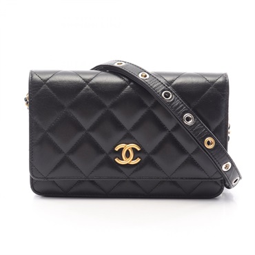 CHANEL Matelasse Chain Wallet Shoulder Bag Lamb sheep leather Black Used WOC