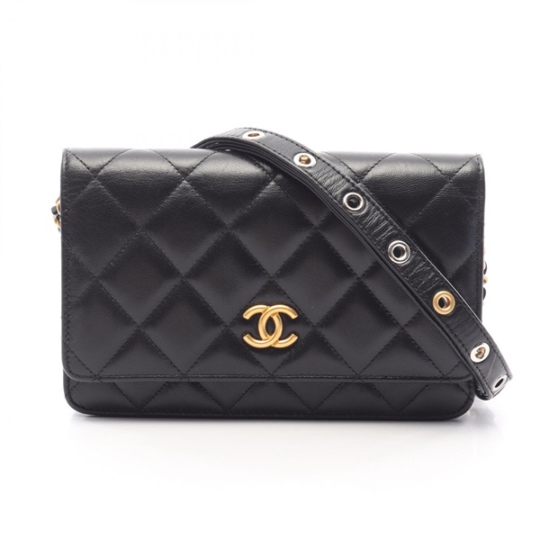 CHANEL Matelasse Chain Wallet Shoulder Bag Lamb sheep leather Black Used WOC