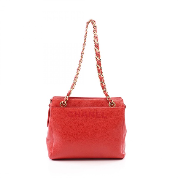 CHANEL logo Chain Shoulder Tote Bag Grained Calfskin leather Red GHW Used Women