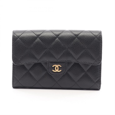 CHANEL Matelasse Tri-fold compact wallet purse leather Black Used Women GHW