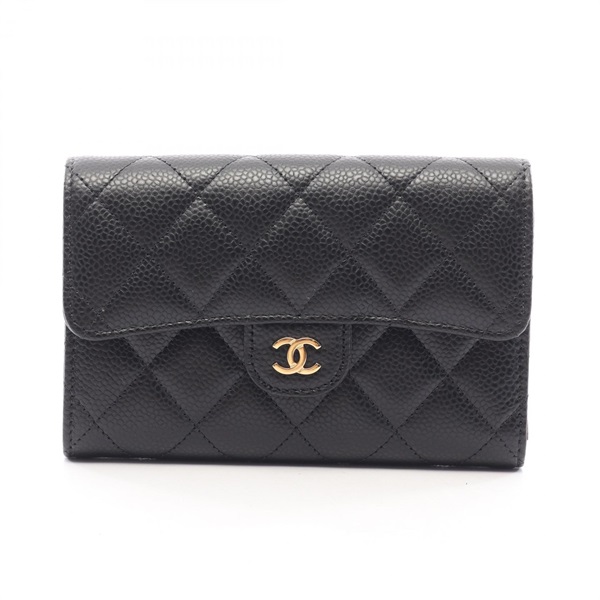 CHANEL Matelasse Tri-fold compact wallet purse leather Black Used Women GHW