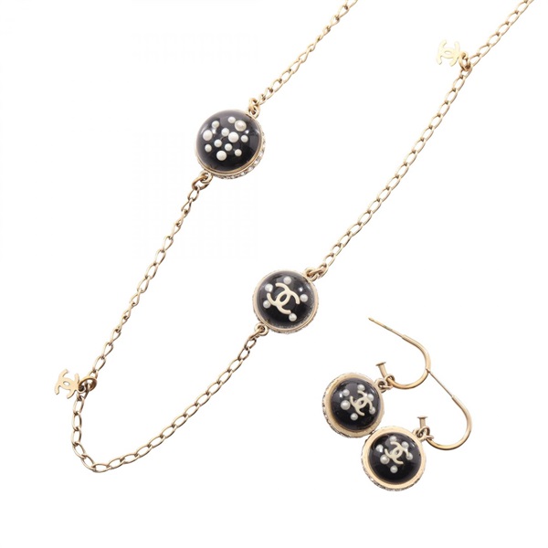 CHANEL 10C COCO Mark long Necklace Pierced Earrings set GP Artificial pearl used