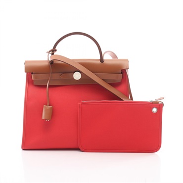 HERMES Herbag Zip PM Shoulder Handbag Toile Officier canvas leather Pink Used C