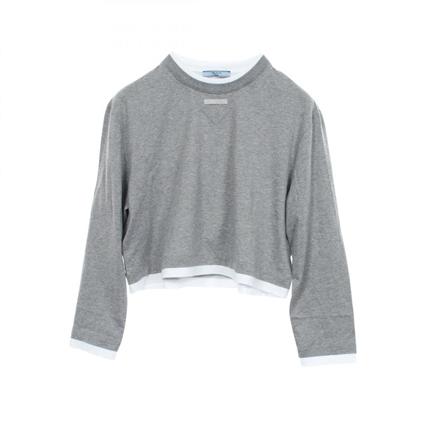 PRADA Triangle Long-sleeved Sweat Shirt cotton Gray White Used Women size XS
