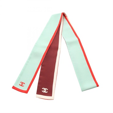 CHANEL COCO Mark Ribbon Scarf Wrap Stole silk Green Bordeaux Used Women CC