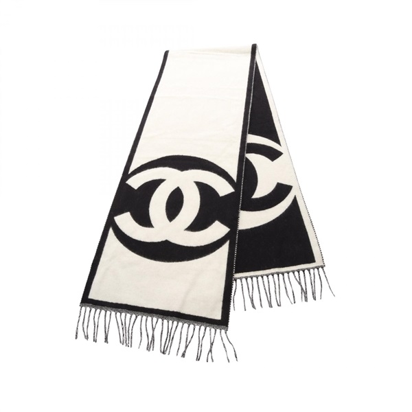 CHANEL COCO Mark Scarf Stole Wrap cashmere Black White Used Women CC