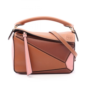 LOEWE Puzzle Mini Shoulder Crossbody Handbag leather Brown Pink Used Women