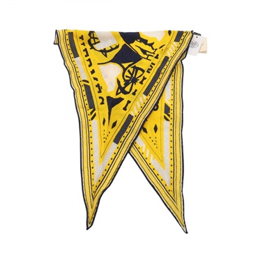 HERMES Losange PUZZLEII Scarf Wrap silk cashmere Yellow Navy Used Women