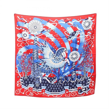 HERMES Carre 90 La Source de Pegase Scarf Wrap Stole silk Blue Red Preowned