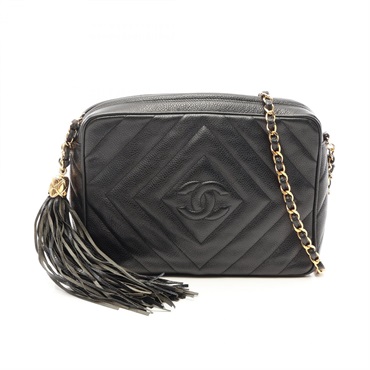CHANEL Diamond stitch tassel chain crossbody Shoulder Bag leather Black Used GHW