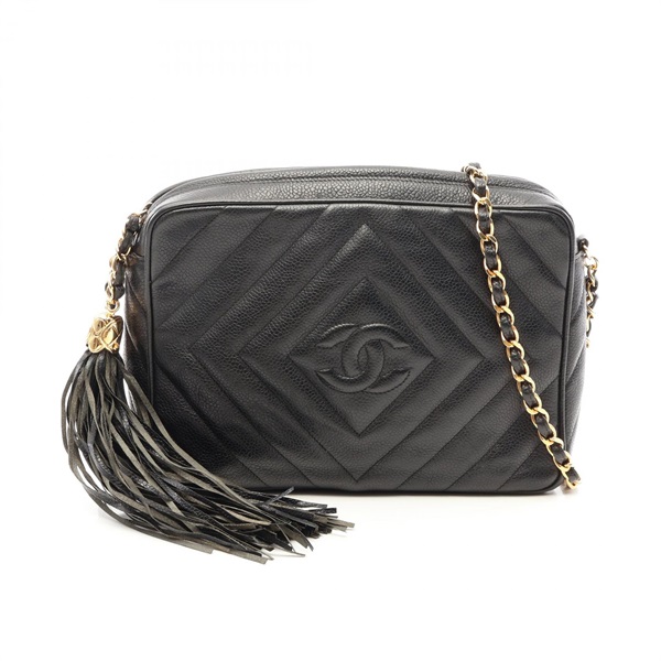 CHANEL Diamond stitch tassel chain crossbody Shoulder Bag leather Black Used GHW