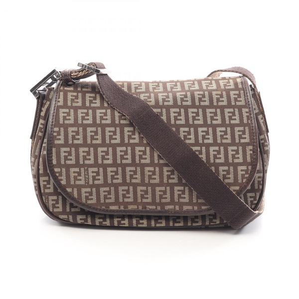 FENDI Zucchino Shoulder Crossbody Bag canvas leather Brown Beige Used Women